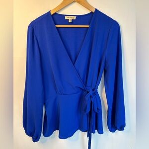 FAITH & JOY ROYAL BLUE V-NECK WRAP TIE BLOUSE POLYESTER/SPANDEX BLEND SZ M